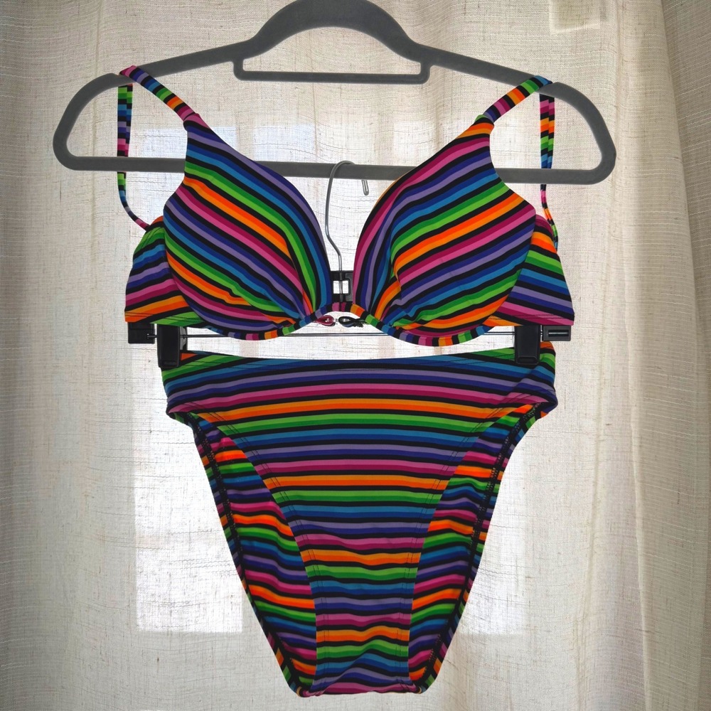 90s Vintage Catalina Rainbow Bikini Neon Stripe Swim Suit High Waist Size Small
